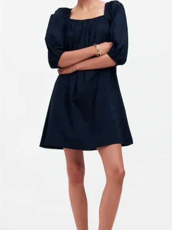 Madewell Navy Square-Neck Puff-Sleeve Mini Dress - Picture 1 of 5